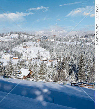 Winter Gorgany massiv mountains scenery view from Yablunytsia pass, Carpathians, Ukraine. Winter Gorgany massiv mountains scenery view from Yablunytsia pass, Carpathians, Ukraine. 115635355