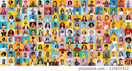 A cheerful display of diverse multiracial, multiethnic, and international people set against a backdrop of vivid colors 115635422