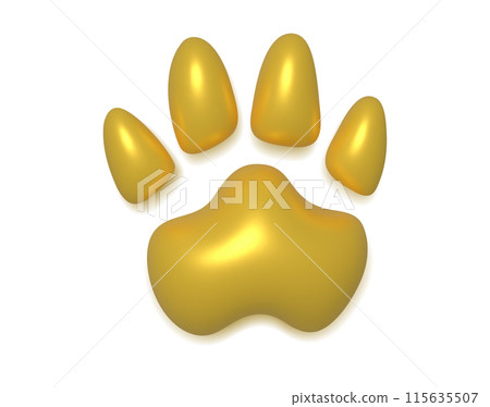 Gold 3d rendering of paw print of pet, dogs, cats and other animals. Concept of grooming, rescuing or caring for animals. Vector Illustration. Gold 3d rendering of paw print of pet, dogs, cats and other animals. Concept of grooming, rescuing or caring for animals. Vector Illustration. 115635507