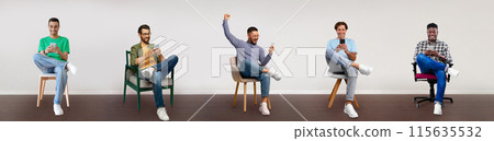 Multiracial men sitting on chairs and using modern cellphones over light wall background, expressing positive emotions, creative collage, panorama, full length 115635532