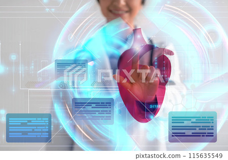 Modern technologies in cardiology, heart disease, myocardial infarction. Cropped of woman in medical coat doctor touching hologram of big human heart, collage, double exposure Modern technologies in cardiology, heart disease, myocardial infarction. Cropped of woman in medical coat doctor touching hologram of big human heart, collage, double exposure 115635549