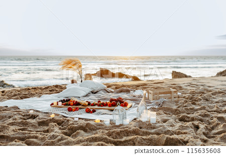 Having picnic with fresh fruits and rose wine on blanket at sandy beach over sea shore at background, free space. Summer season. Vacation time. 115635608