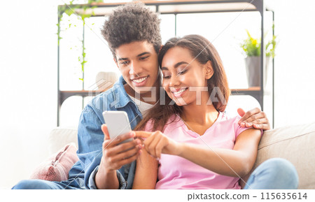 Black teen couple, a guy and a girl, are sitting on a couch together at home. They are both looking at a smartphone, smiling and engaging with the content Black teen couple, a guy and a girl, are sitting on a couch together at home. They are both looking at a smartphone, smiling and engaging with the content 115635614