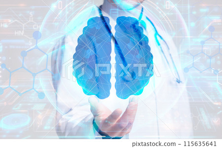 Modern technologies in healthcare, digital medical care, neurosurgery. Cropped of man doctor neurosurgeon holding huge hologram of human brain, double exposure, collage, web-banner 115635641