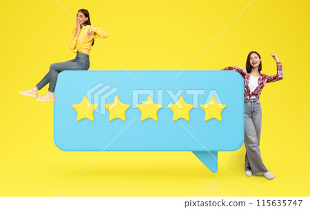 Five Stars Customers Feedback. Caucasian And Asian Ladies Posing With Big Rating Icon, Sitting And Pointing At Positive Review Recommending International Service On Yellow Background. Collage Five Stars Customers Feedback. Caucasian And Asian Ladies Posing With Big Rating Icon, Sitting And Pointing At Positive Review Recommending International Service On Yellow Background. Collage 115635747