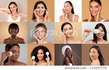 A visual array of women performing their daily skincare rituals, each framed individually against a clean, neutral studio background. 115635779
