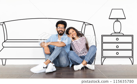 Dreams About New Home. Indian Couple Embracing Sitting Near White Wall With Drawn Modern Living Room Interior Illustrations. Young Family Housing, Real Estate Offer. Panorama, Collage Dreams About New Home. Indian Couple Embracing Sitting Near White Wall With Drawn Modern Living Room Interior Illustrations. Young Family Housing, Real Estate Offer. Panorama, Collage 115635780