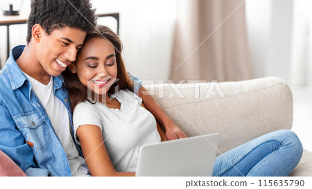 African American teen guy and girl are relaxing on a couch in a living room. The guy is sitting with his arm around the girl, who is looking at a laptop in her lap. They appear happy and comfortable. 115635790