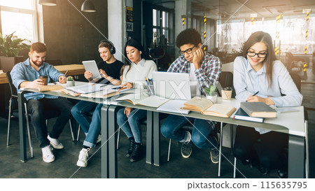 E-learning concept. Classmates studying in university library with gadgets, doing homework 115635795