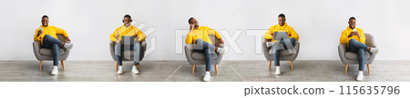 Online Activities. Collage With Black Man Using Laptop For Work And Cellphone For Communication Sitting In Armchair Over White Wall Indoors. Guy Texting And Browsing Internet Via Gadgets. Panorama 115635796
