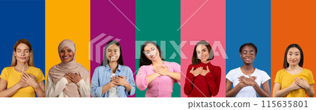 Love, affection, gratitude, human gestures and emotions concept. Mosaic of multiracial young pretty ladies holding hands over heart and smiling, saying thank you, colorful backgrounds, collage Love, affection, gratitude, human gestures and emotions concept. Mosaic of multiracial young pretty ladies holding hands over heart and smiling, saying thank you, colorful backgrounds, collage 115635801