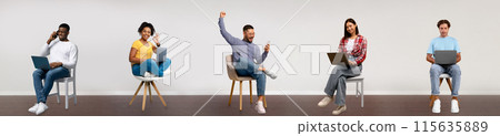 Collage with young diverse people using laptops and cellphones, sitting on chairs over white wall background, panorama, men and women websurfing with different emotions Collage with young diverse people using laptops and cellphones, sitting on chairs over white wall background, panorama, men and women websurfing with different emotions 115635889
