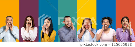 Gossip, rumor, spread the word concept. Excited diverse people multiethnic millennial men and women holding hand next to mouth, set of photos, colorful background, banner Gossip, rumor, spread the word concept. Excited diverse people multiethnic millennial men and women holding hand next to mouth, set of photos, colorful background, banner 115635958
