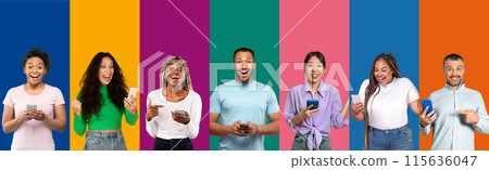 Great online offer, deal. Collage of multiracial diverse people using smartphones for chatting online, web surfing, multicultural young men and women with phones isolated on color background, banner Great online offer, deal. Collage of multiracial diverse people using smartphones for chatting online, web surfing, multicultural young men and women with phones isolated on color background, banner 115636047