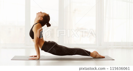 Flexible woman performs an upward-facing dog pose in a well-lit yoga studio. She is focused on her posture as natural light fills the room, creating a serene and peaceful atmosphere, panorama 115636061