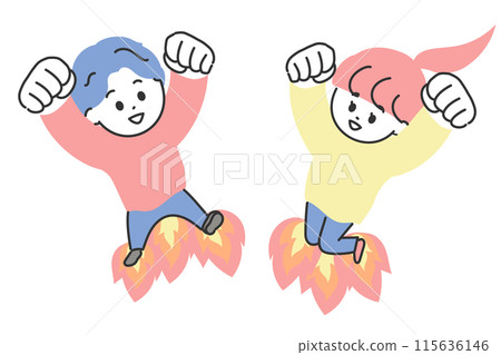 跳躍舉起拳頭的男孩和女孩——火箭 115636146