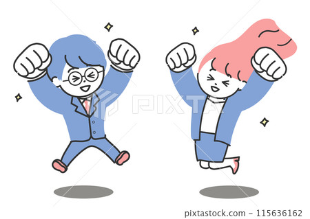 Men and women in suits jumping with smiles and fists raised Smiling 115636162