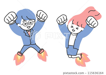 A man and a woman in a suit jumping with a smile and raising their fists Rocket A man and a woman in a suit jumping with a smile and raising their fists Rocket 115636164