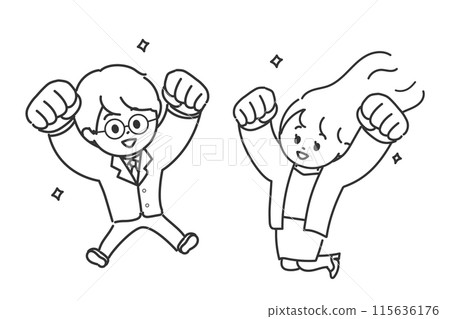 Men and women in suits jumping with smiles and fists raised - Line drawing Men and women in suits jumping with smiles and fists raised - Line drawing 115636176