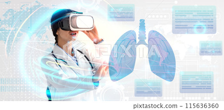 Medical technology concept. Pulmonologist young woman in white coat doctor using VR goggles to study health data of patient, touching big hologram of human lungs, banner, collage 115636360