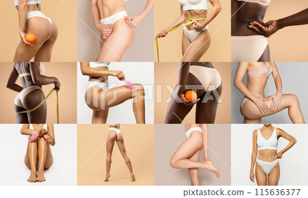 Multiracial ladies in lingerie showing various skincare routines and body measurement techniques in a collage layout. Multiracial ladies in lingerie showing various skincare routines and body measurement techniques in a collage layout. 115636377