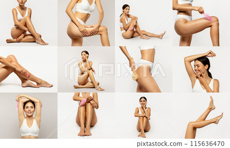 A woman in white lingerie demonstrating different skincare and grooming activities, including shaving, brushing, and exfoliating, against a white background. A woman in white lingerie demonstrating different skincare and grooming activities, including shaving, brushing, and exfoliating, against a white background. 115636470