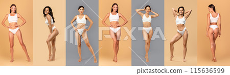 Multiracial young women posing in underwear over studio background, demonstrating well-fit stunning bodies, panorama, collage Multiracial young women posing in underwear over studio background, demonstrating well-fit stunning bodies, panorama, collage 115636599