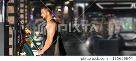 A man wearing a black tank top works out on a cable machine in a modern gym. The gym has a variety of equipment and is well-lit, with large windows letting in natural light, copy space 115636644