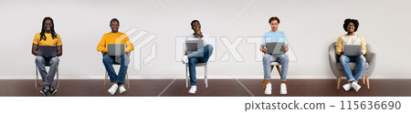 Collage with multiracial male freelancers using laptops, sitting on chairs over light wall background, browsing internet, creative collage, panorama 115636690