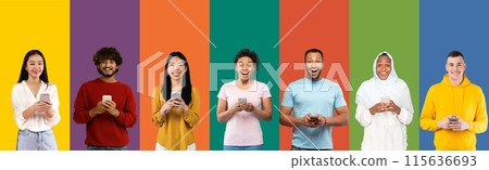 Addiction to gadgets. Collage of multiracial diverse people using smartphones for chatting online, web surfing, multicultural young men and women with phones isolated on color background, banner 115636693