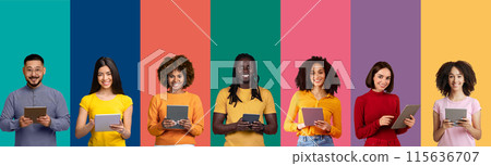 Addiction to gadgets. Collage of multiracial diverse people using digital tablets, web surfing, application, multicultural young men and women with pads isolated on color background, banner 115636707