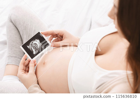 We'll meet soon. Happy pregnant woman looking at her baby sonogram, anticipating her future life, panorama We'll meet soon. Happy pregnant woman looking at her baby sonogram, anticipating her future life, panorama 115636810