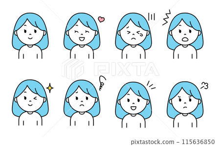 Simple female facial expression set_light blue Simple female facial expression set_light blue 115636850