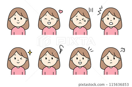 Simple female facial expression set 115636853