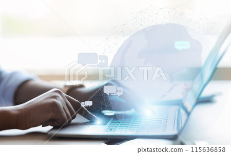 Chatbot, artificial intelligence. Unrecognizable black woman hands typing on computer laptop keyboard, unrecognizable businesswoman, employee using online assistant while workig at office, collage Chatbot, artificial intelligence. Unrecognizable black woman hands typing on computer laptop keyboard, unrecognizable businesswoman, employee using online assistant while workig at office, collage 115636858