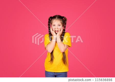 Oh No. Portrait Of Scared Little Girl Looking At Camera, Frightened Preteen Female Child Touching Face, Emotionally Reacting To Bad News, Standing Isolated Over Pink Studio Background, Copy Space Oh No. Portrait Of Scared Little Girl Looking At Camera, Frightened Preteen Female Child Touching Face, Emotionally Reacting To Bad News, Standing Isolated Over Pink Studio Background, Copy Space 115636898