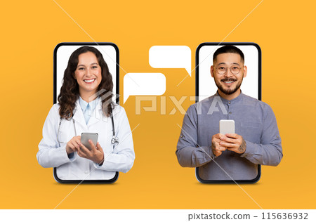 Woman doctor and man patient engaged in virtual consultation using their smartphones. They appear happy and connected, facilitated by a vibrant yellow background symbolizing optimism and energy. Woman doctor and man patient engaged in virtual consultation using their smartphones. They appear happy and connected, facilitated by a vibrant yellow background symbolizing optimism and energy. 115636932