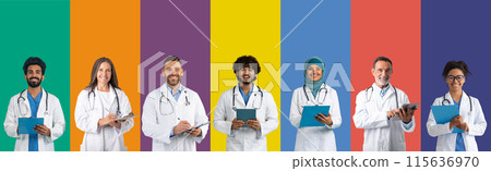 Positive confident multiethnic hospital doctors isolated portrait set. Young men and women of different ages in medical white coats shot collage. Medicine and healthcare concept, banner 115636970
