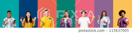 Ecommerce Concept. Diverse Group Of Excited Multiracial People Holding Debit Credit Cards And Using Cell Phones. Making Payment Ordering Purchase Online, Posing On Colorful Studio Background, Collage Ecommerce Concept. Diverse Group Of Excited Multiracial People Holding Debit Credit Cards And Using Cell Phones. Making Payment Ordering Purchase Online, Posing On Colorful Studio Background, Collage 115637005