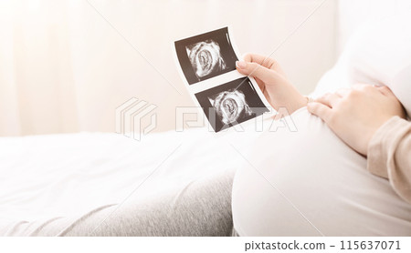 Pregnant woman holding ultrasound image of her baby and caressing her belly, lying in bed, empty space Pregnant woman holding ultrasound image of her baby and caressing her belly, lying in bed, empty space 115637071
