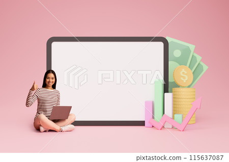Young asian woman trader using laptop, sitting by huge digital tablet with white blank screen, money cash 3d illustration on pink background. Trading on stock and markets online, mockup, blank space 115637087