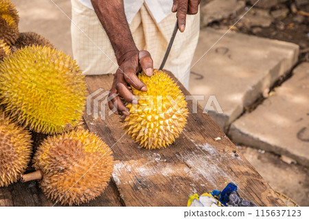 round ripe yellow durian fruits folded in pile 115637123