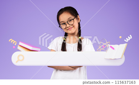 E-Learning Offer. Asian Little Schoolgirl In Glasses Posing With Folded Hands Near Search Bar Icon On Purple Studio Background. Girl Advertising Modern Internet Education. Collage 115637163