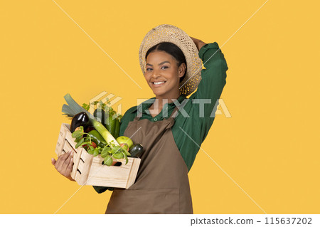 Garden Harvest. Positive Black Farmer Lady Posing With Organic Vegetables In Wooden Box, Holding Hat On Head, Wearing Worker's Uniform Apron Over Yellow Studio Background, Smiling To Camera Garden Harvest. Positive Black Farmer Lady Posing With Organic Vegetables In Wooden Box, Holding Hat On Head, Wearing Worker's Uniform Apron Over Yellow Studio Background, Smiling To Camera 115637202