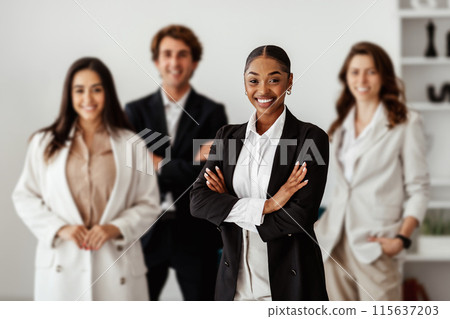 Diversity and business team portrait. Business people posing in office interior and smiling at camera, collegues together in support, teamwork and collaboration 115637203