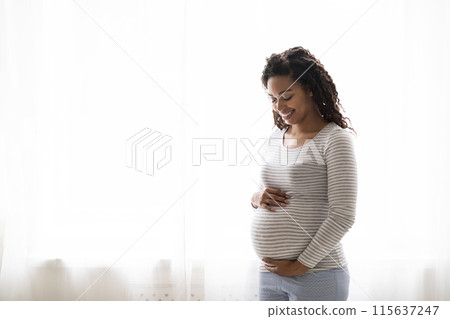 Pregnancy Concept. Portrait Of Smiling Young Black Pregnant Woman Embracing Belly While Standing Near Window At Home, African American Expectant Lady Tenderly Touching Her Tummy, Copy Space 115637247