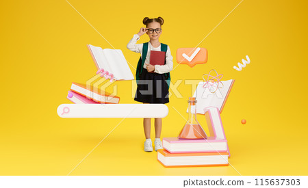 Online School Education. Smart Little Schoolgirl Holding Books Standing Near Search Bar And Educational Icons Posing On Yellow Studio Background, Wearing Eyeglasses, Collage Online School Education. Smart Little Schoolgirl Holding Books Standing Near Search Bar And Educational Icons Posing On Yellow Studio Background, Wearing Eyeglasses, Collage 115637303