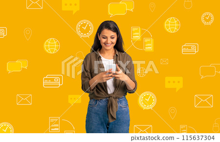 Happy pretty young indian woman in casual outfit using phone over digital icons background. Eastern lasy banking or shopping online, transfer money, paying for goods and services, collage 115637304