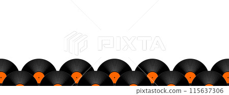 Border with vinyl records. Repeated LP or long play music discs icons isolated on white background. 70s 80s 90s discotheque or techno party design. Vector flat illustration 115637306