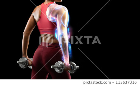 Sport technologies. Sexy well fit body of sporty african american woman with futuristic hologram on her arm making work out with barbells, black background, cropped shot, panorama with copy space 115637316